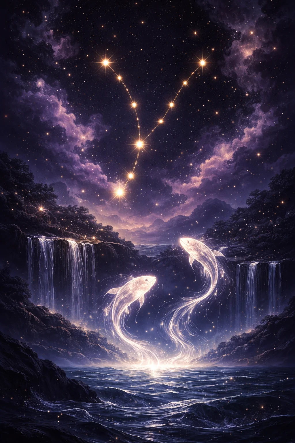 Dreamy Pisces underwater scene with two koi fish swimming through a cosmic ocean of stars and violet Neptune light