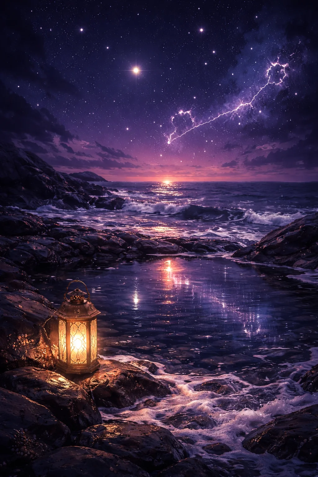 Atmospheric scene of a tide pool reflecting Venus and the Pisces constellation at dusk, seafoam and rose gold light