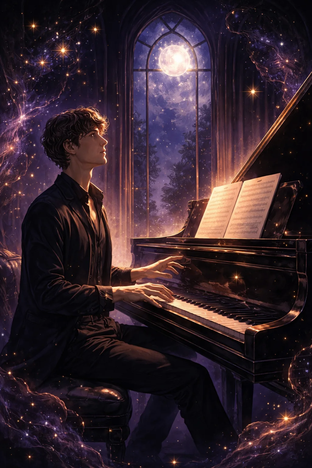 A Pisces man at a piano in a dim violet-lit room, hands lifted above the keys mid-phrase with the last chord left hanging