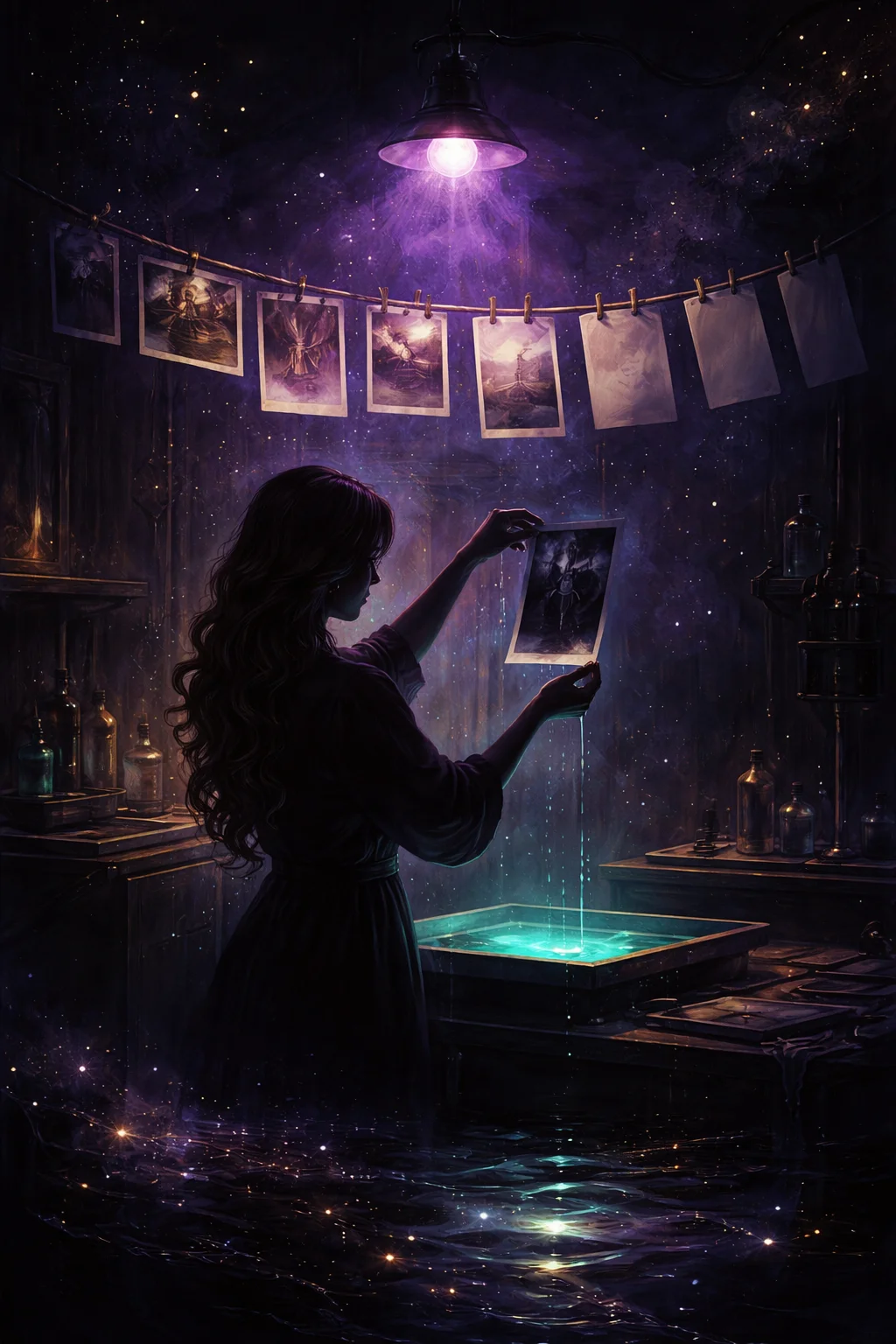 A Pisces woman lifting a developing print from a tray, prints on the line above fading from vivid to blank