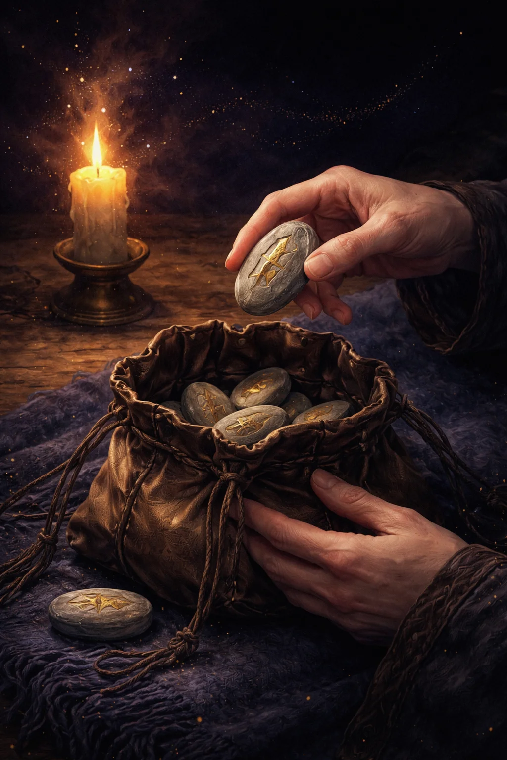 Hands drawing a carved Elder Futhark rune stone from a leather bag by candlelight during a rune reading