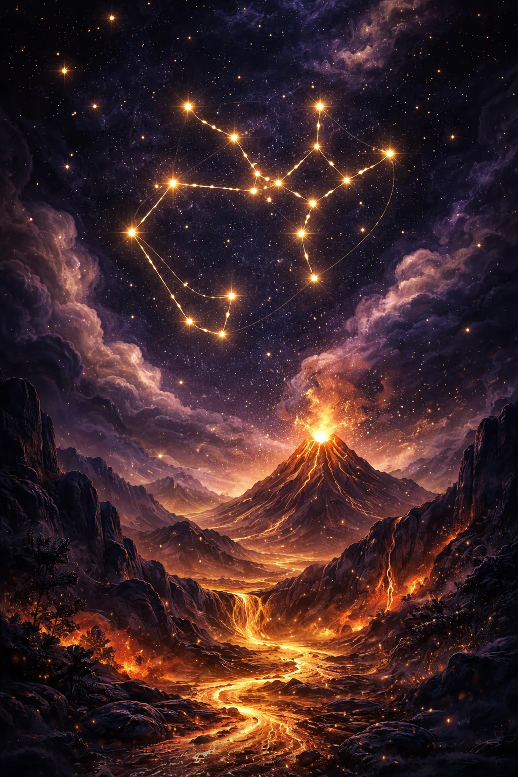 Celestial Sagittarius constellation scene with archer centaur aiming through a cosmic purple nebula and Jupiter glowing gold