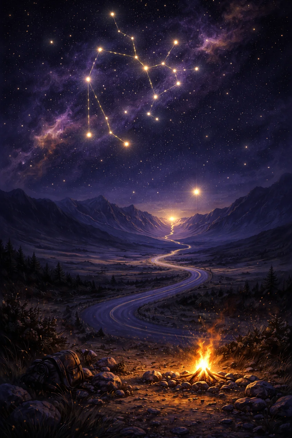 Sagittarius love horoscope scene: a moonlit road toward a mountain pass with Venus low on the horizon