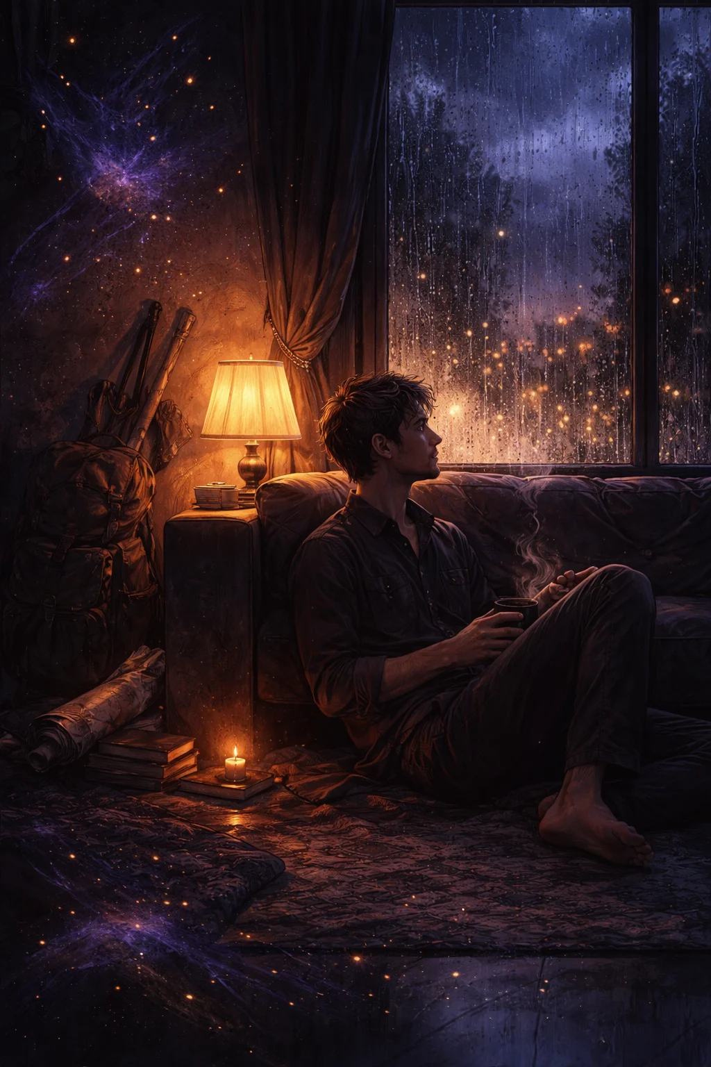 Sagittarius man at home on a flat rainy evening with a packed rucksack and bow unused in the corner