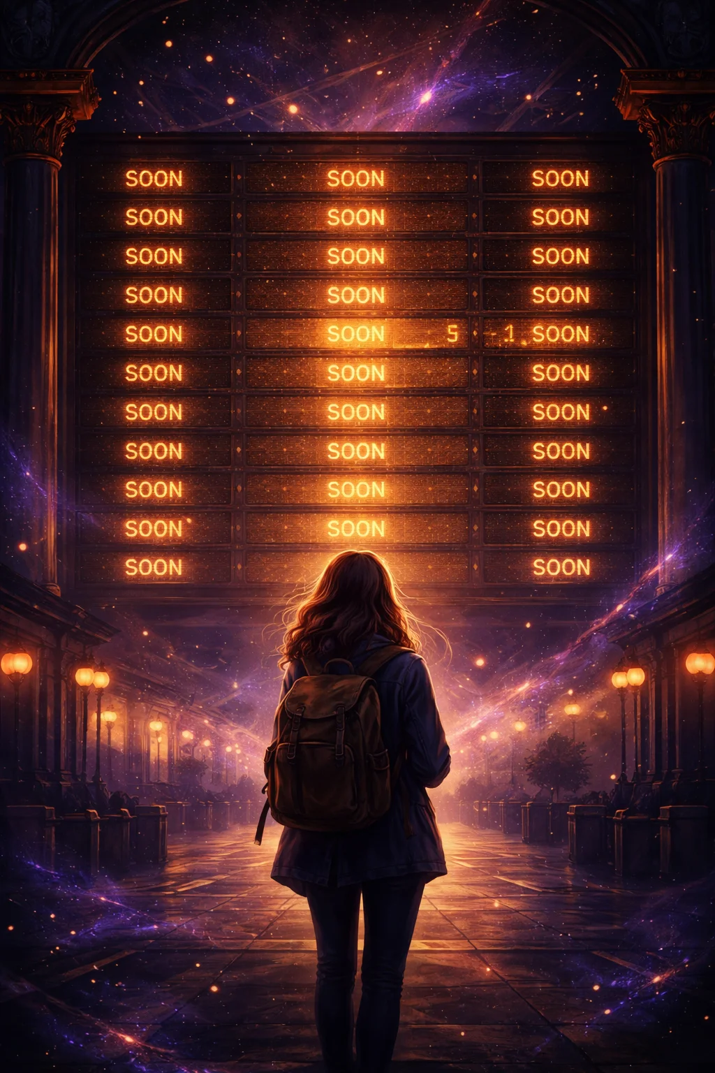 Sagittarius woman at a night departure board where most rows read soon and one shows a real time and platform