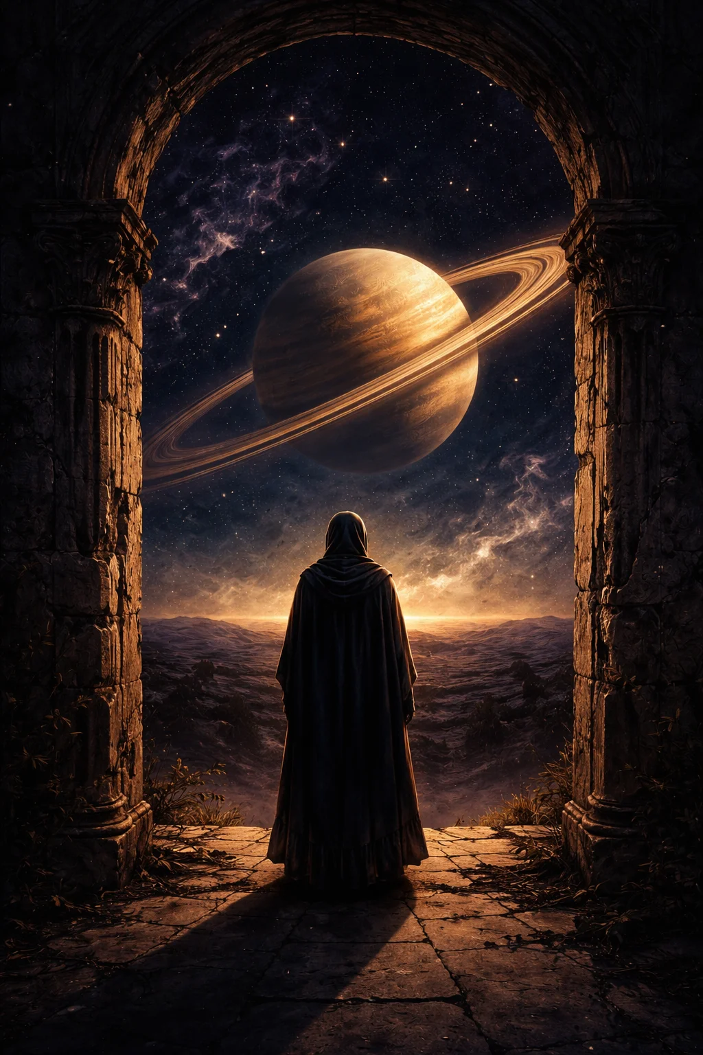 A figure in a stone doorway at night watching a huge ringed Saturn on the horizon during a Saturn return