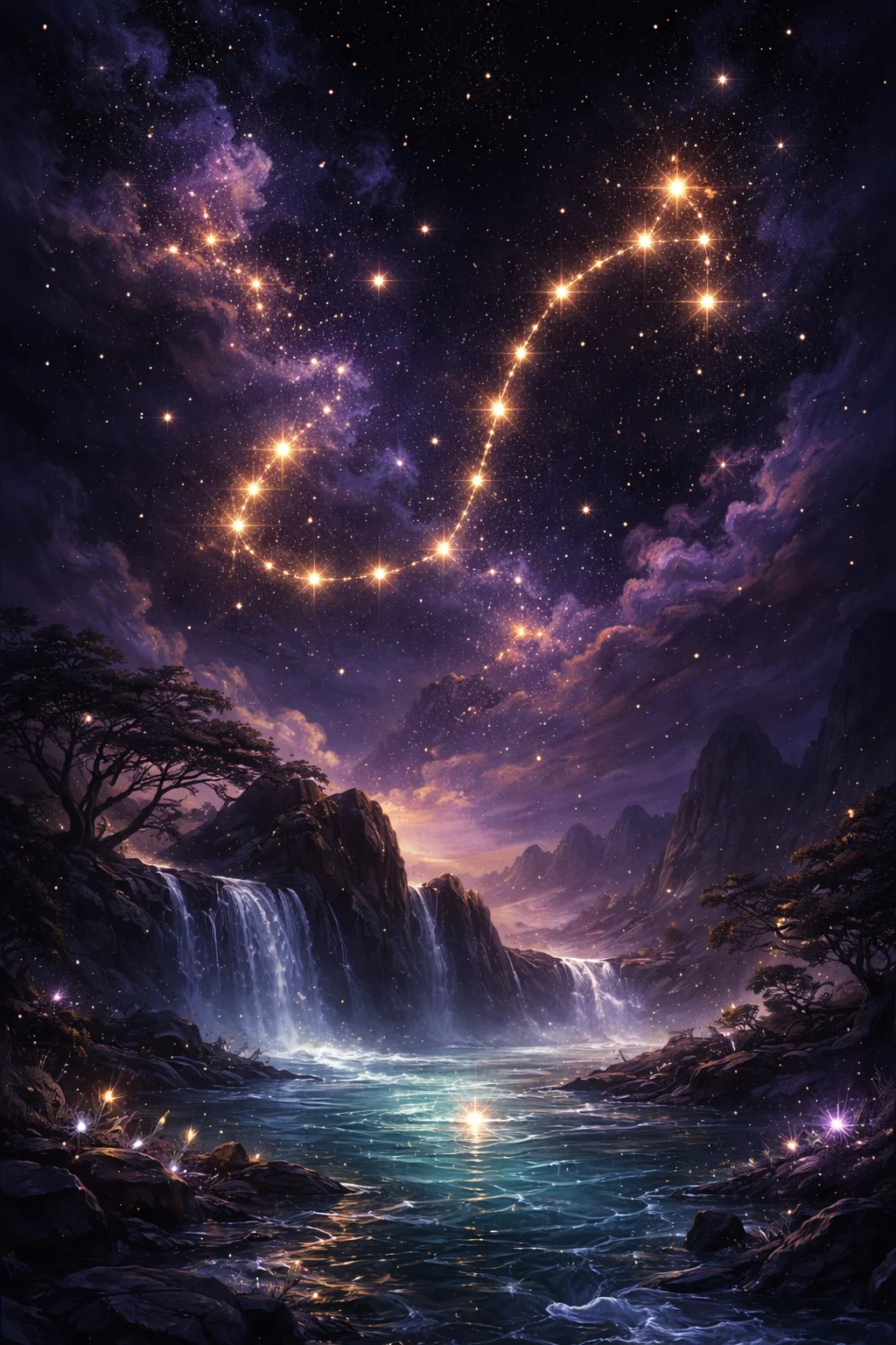 Dark atmospheric Scorpio constellation scene with scorpion silhouette against deep space nebula and Pluto glowing in the distance