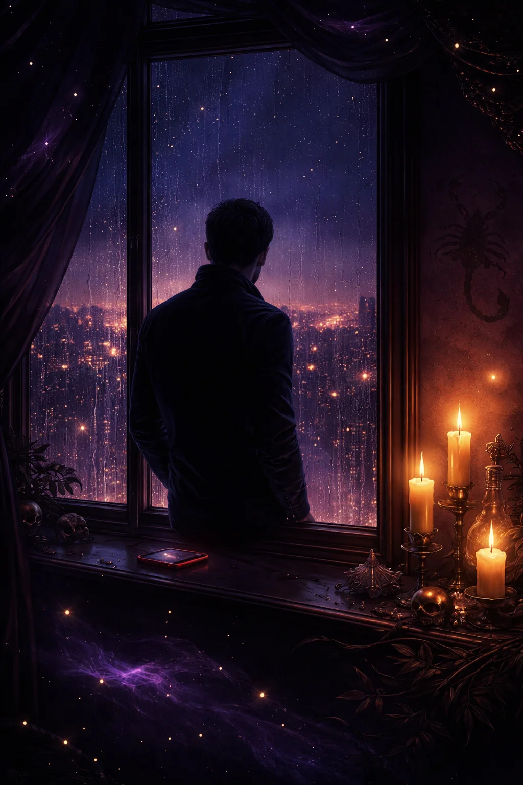 Night scene of a Scorpio man at a rain-streaked window with his phone face-down, the silent withdrawal in love