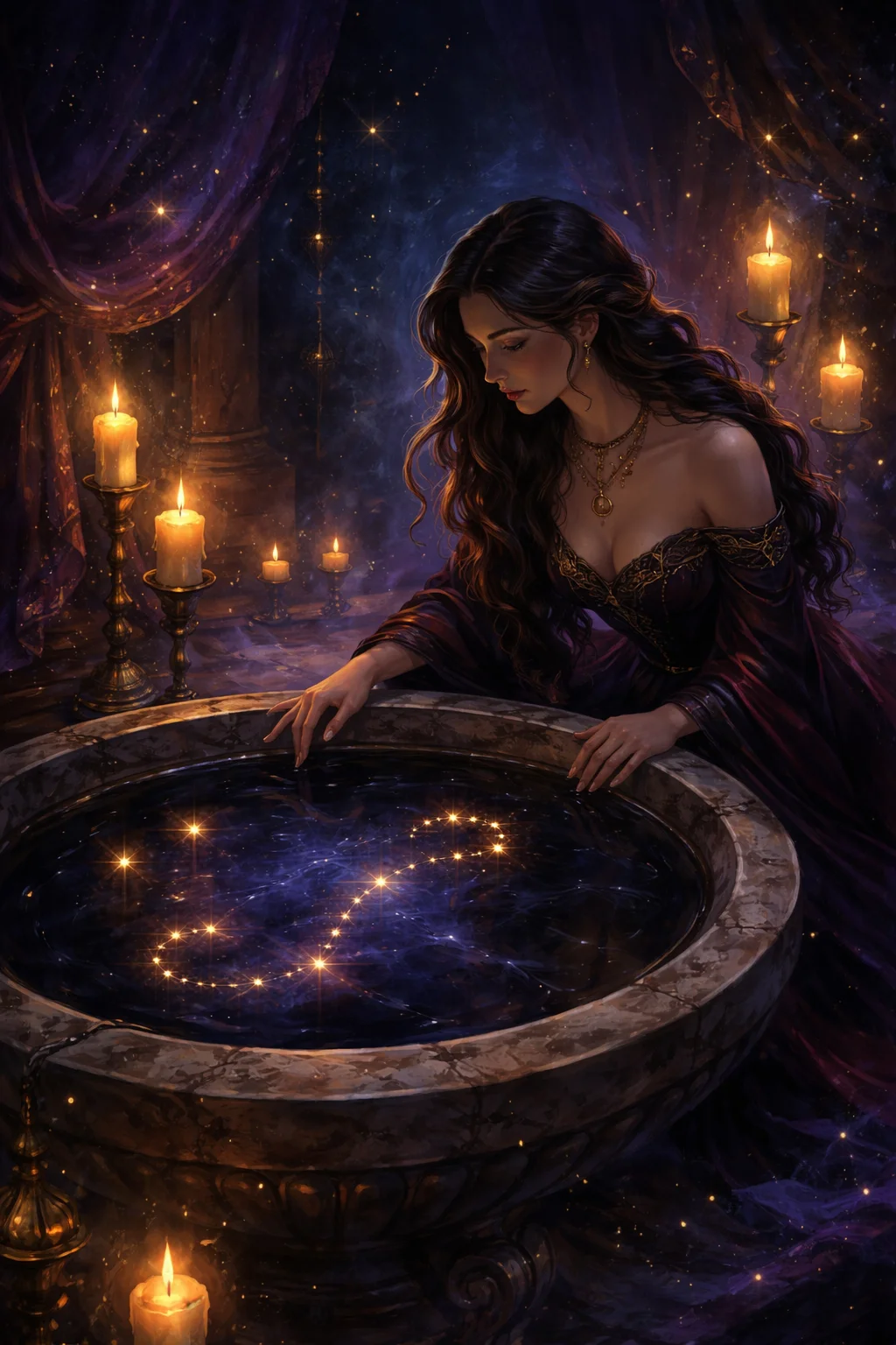 Candlelit scene with a Scorpio woman studying a still pool, evoking the emotional depth of Scorpio woman traits in love