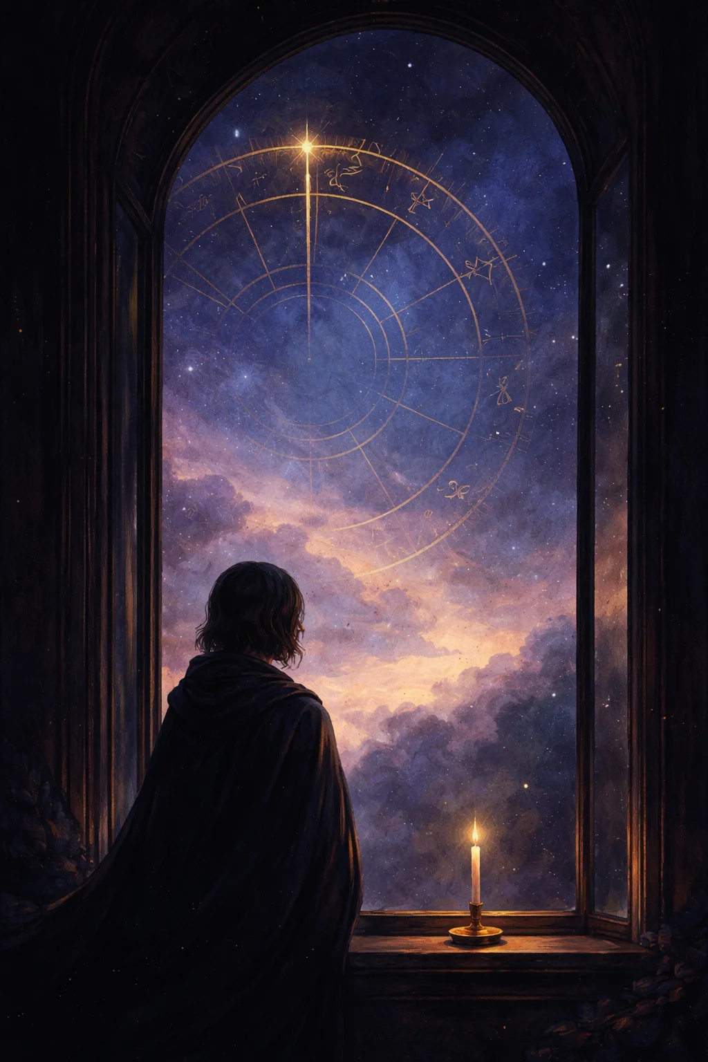 Figure at a window on the morning a solar return falls, an unlit birthday candle on the sill and the zodiac turning outside