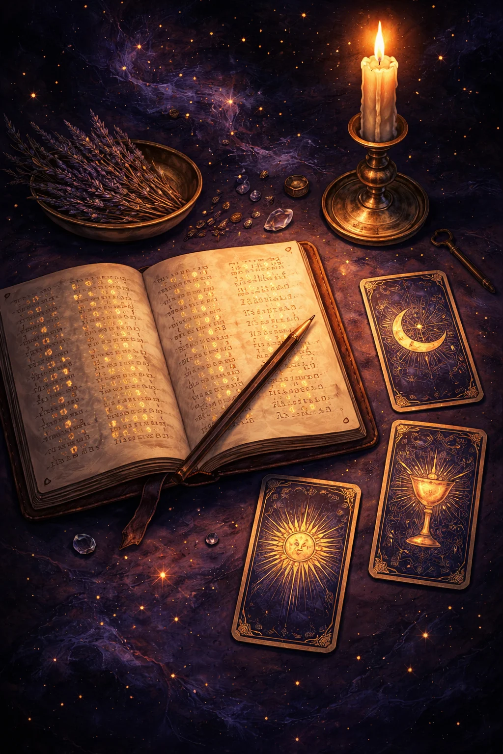 Working out a tarot birth card by hand: a candlelit notebook of numbers beside The Sun and Moon cards