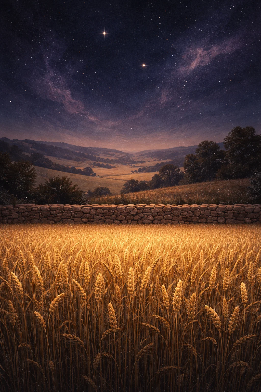Taurus and Virgo compatibility scene: an evening field with wheat and a set stone wall