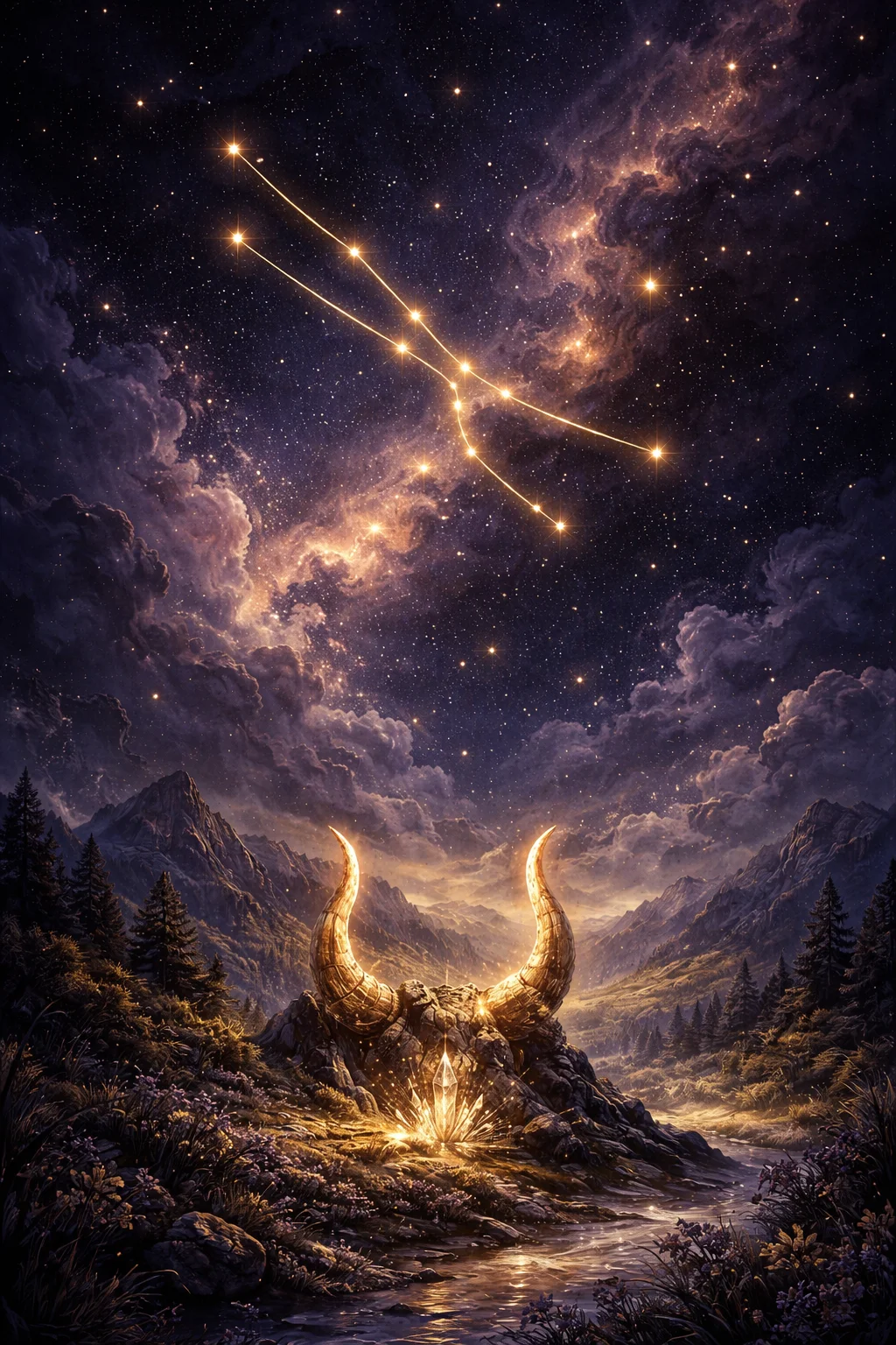 Atmospheric Taurus scene with golden bull constellation over serene earthy landscape at twilight