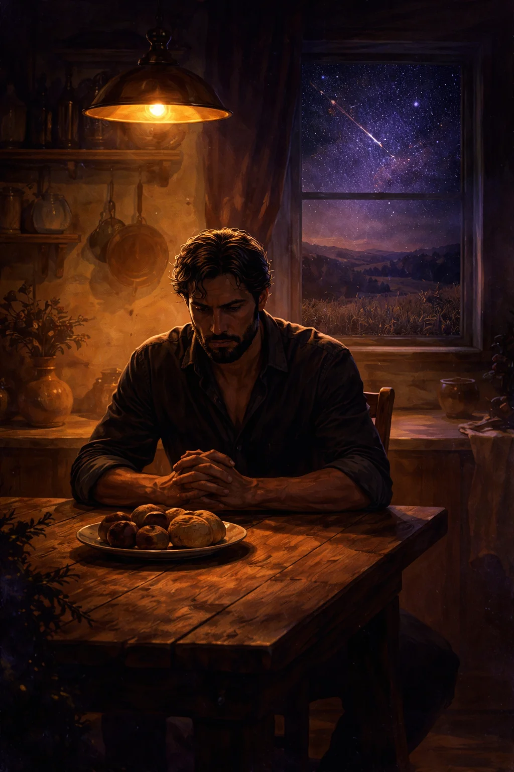 Taurus man traits: a broad-shouldered man sitting motionless at a lamplit oak kitchen table late at night
