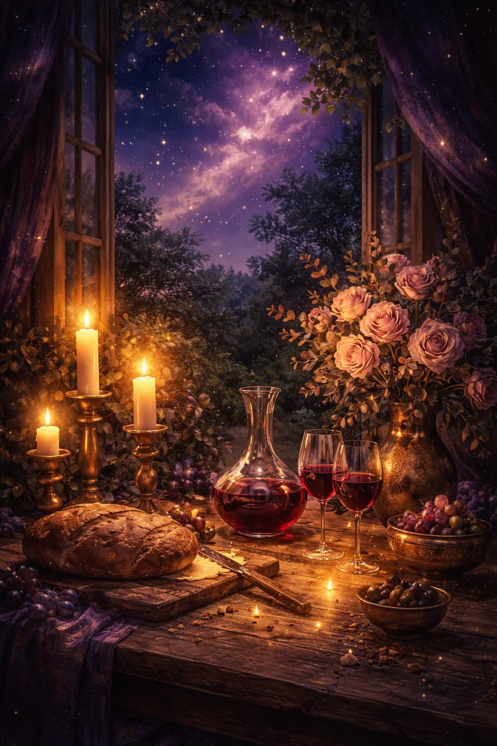 Atmospheric scene for reading a Taurus woman: a candlelit table set with bread, wine and copper bowls beside an open window