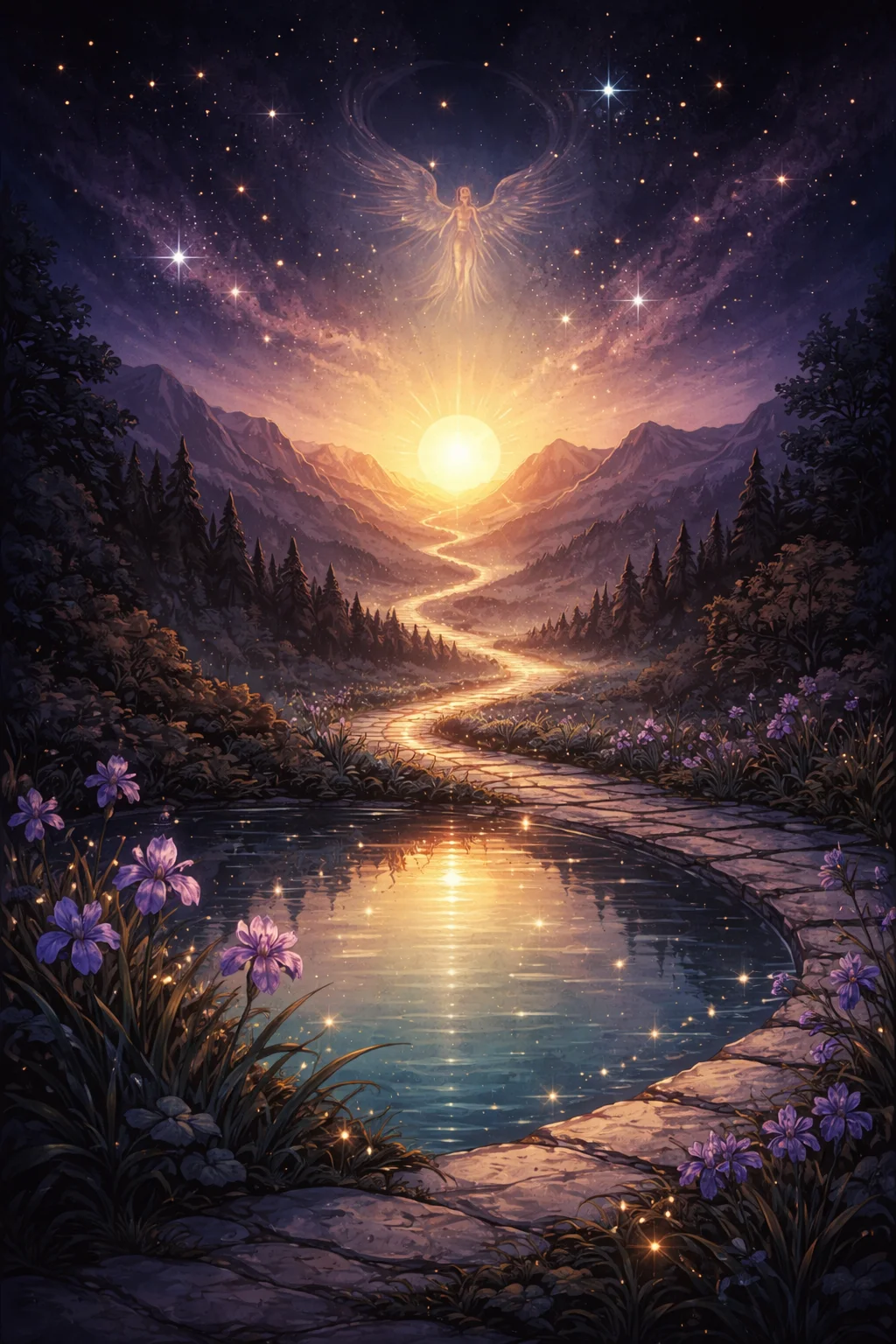 A winding path toward sunlit mountains beside still water — the patient journey of the Temperance tarot card