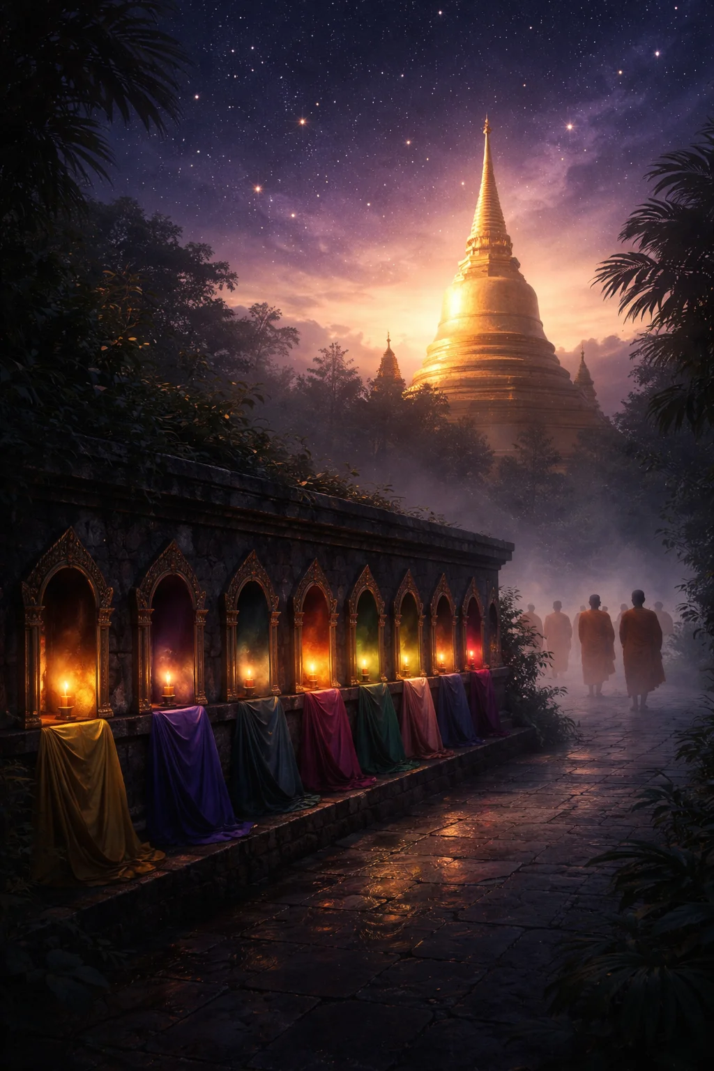 Thai temple courtyard at sunrise with eight shrine niches, each draped in the coloured cloth of its birth day