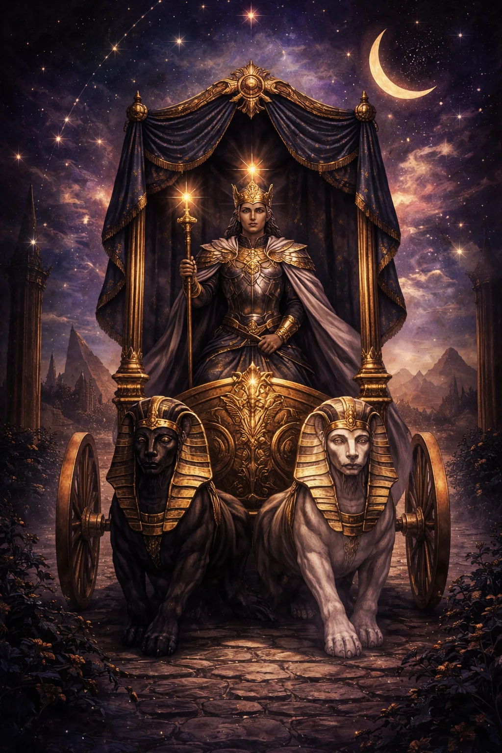 A moonlit battlefield with a stone chariot silhouetted against the stars, silver armor gleaming under lunar light, representing The Chariot tarot card energy of willpower and hard-won triumph