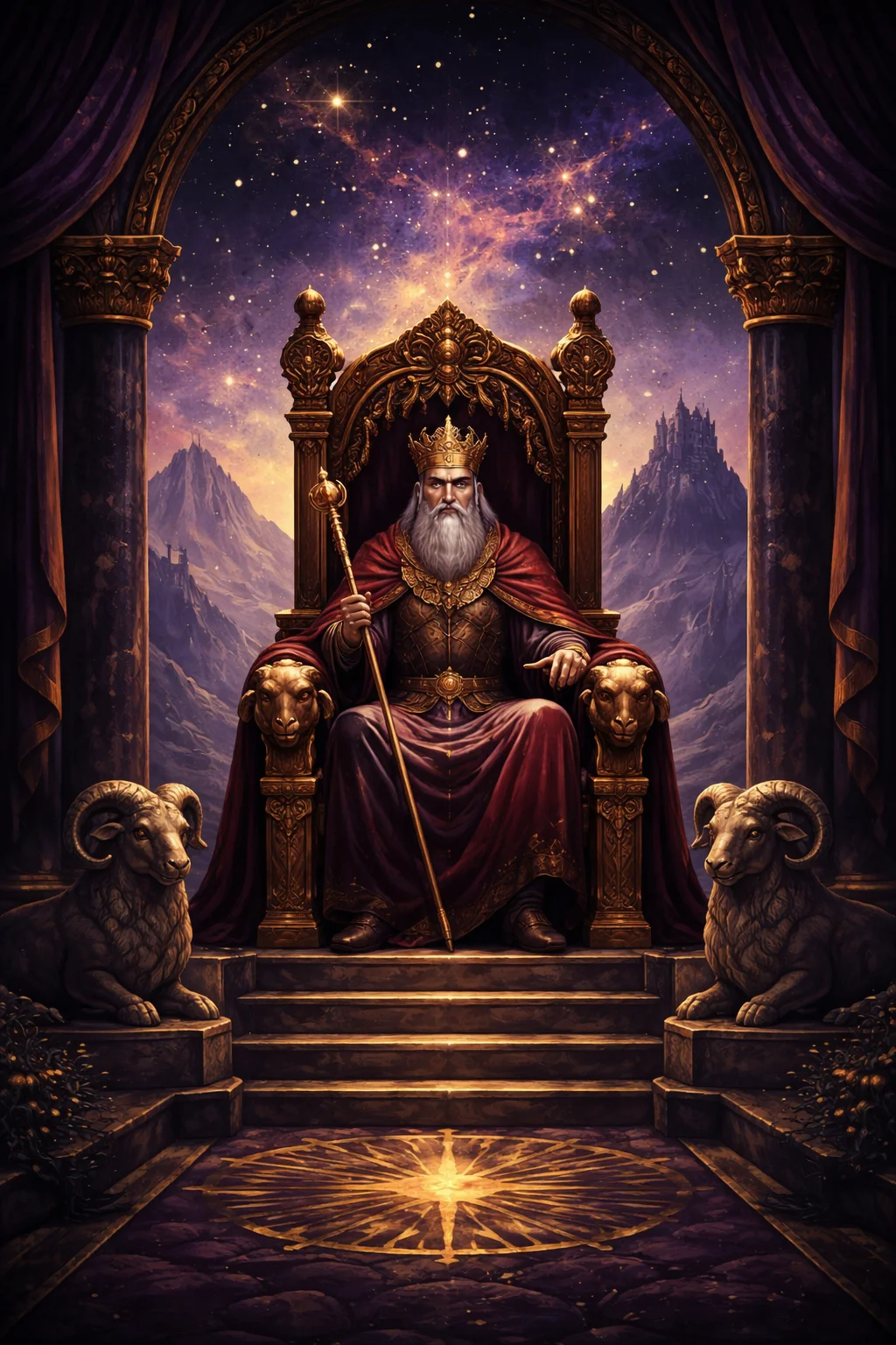 A stern throne room carved from mountain stone with ram-head carvings, crimson banners, and a fiery sky visible through tall windows, representing The Emperor tarot card energy of authority and strategic control