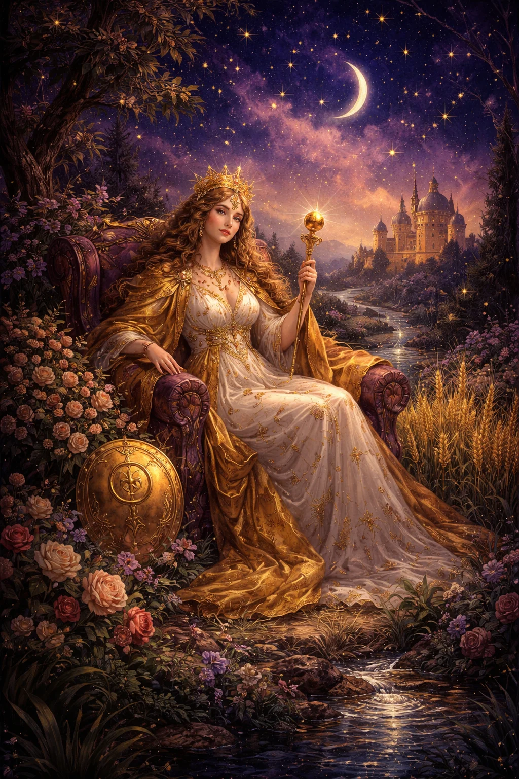 A serene scene of a crowned woman in emerald robes sitting among blooming roses and flowing water in a candlelit garden, representing The Empress tarot card energy of nurturing abundance and creative fertility