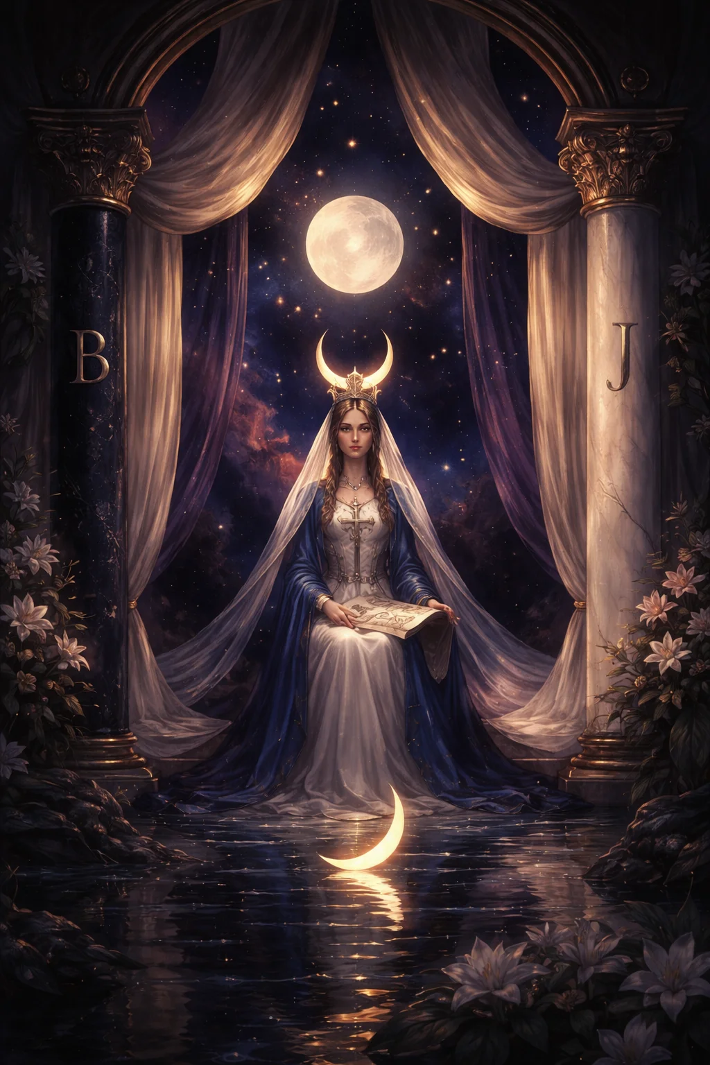A moonlit temple scene with a veiled figure seated between two ancient pillars, silver light filtering through pomegranate vines, representing The High Priestess tarot card energy of deep intuition and sacred mystery