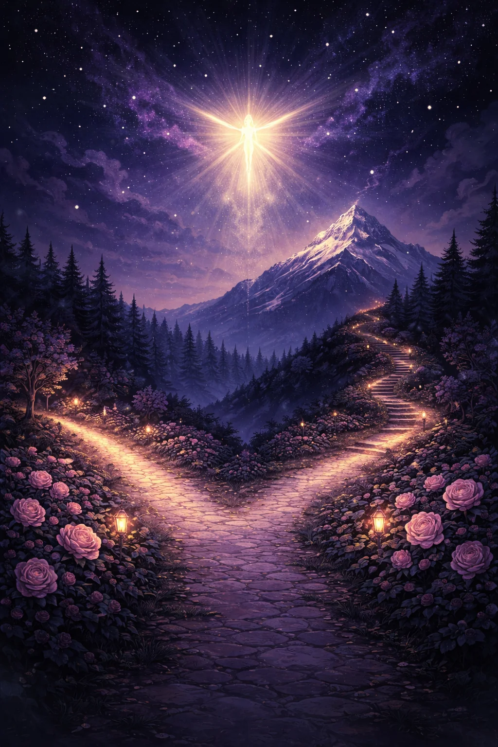 Two glowing paths diverging at a crossroads beneath an angelic light — the choice at the heart of The Lovers tarot card