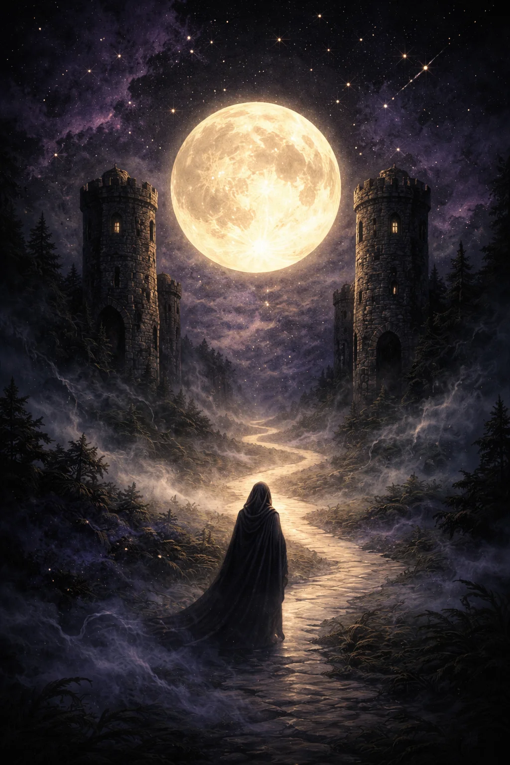 A lone figure on a moonlit path between two towers under a full moon — The Moon tarot card's uncertain journey