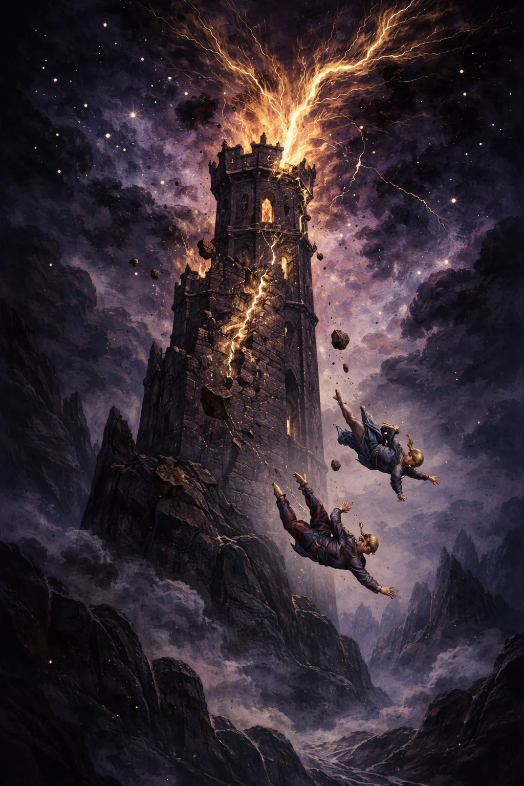 Crumbling tower under a stormy night sky lit by lightning, fire sparks scattered like falling stars