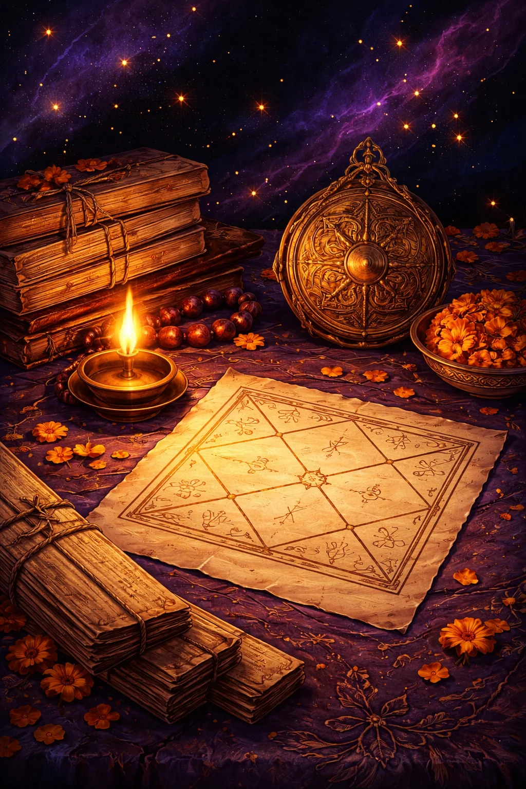 Palm-leaf manuscripts, a brass astrolabe and a hand-drawn Kundali chart on a Vedic astrology reading desk