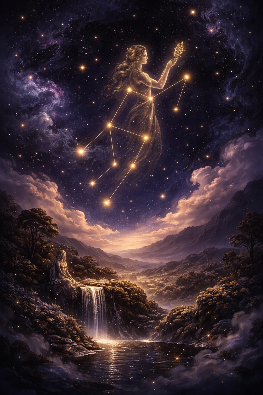 Serene Virgo constellation scene with mercury symbol and botanical elements against a deep cosmic sky