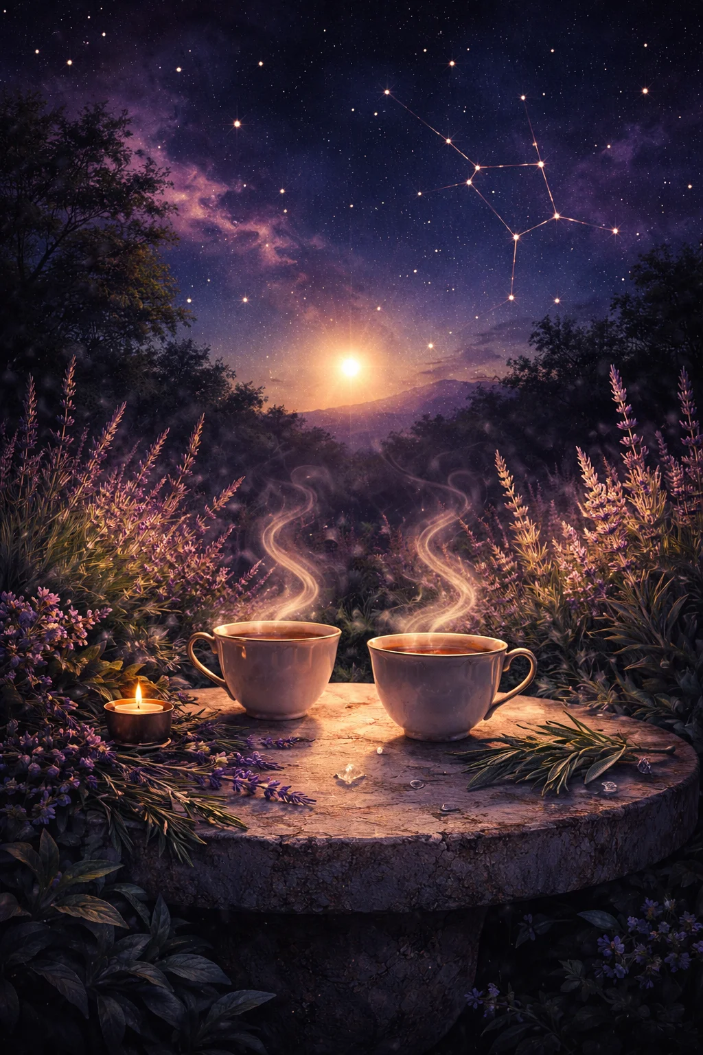 Atmospheric scene of Venus rising over a moonlit herb garden with two teacups on a stone table, Virgo love horoscope mood