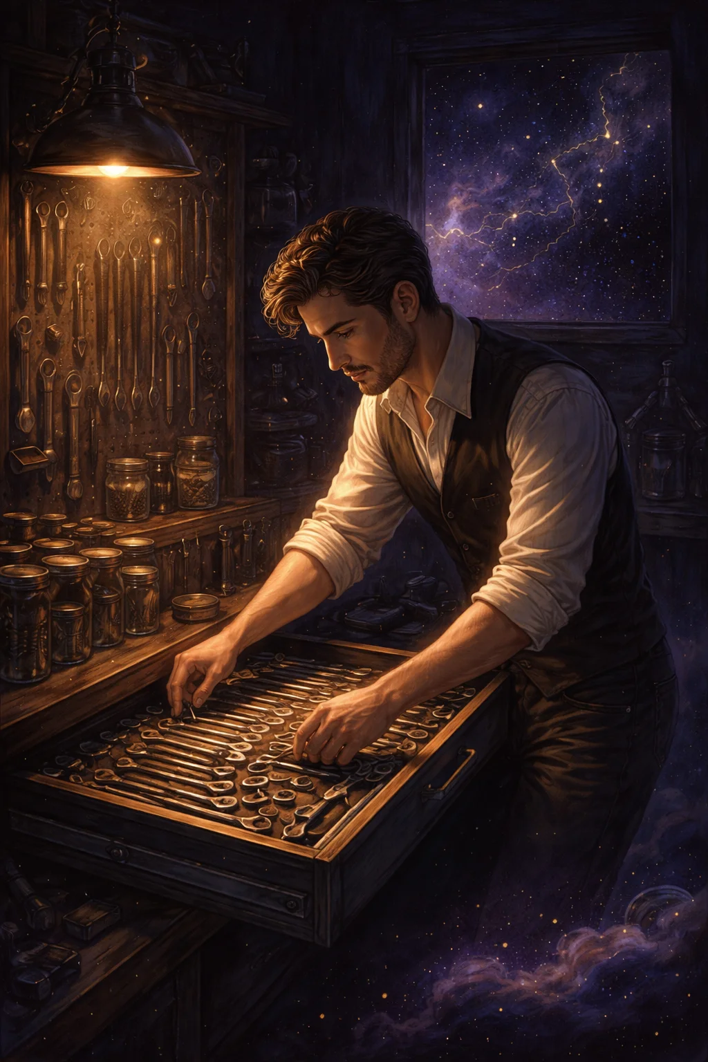 A Virgo man alone in a dim workshop at night, re-sorting tools into a drawer that is already perfectly organised