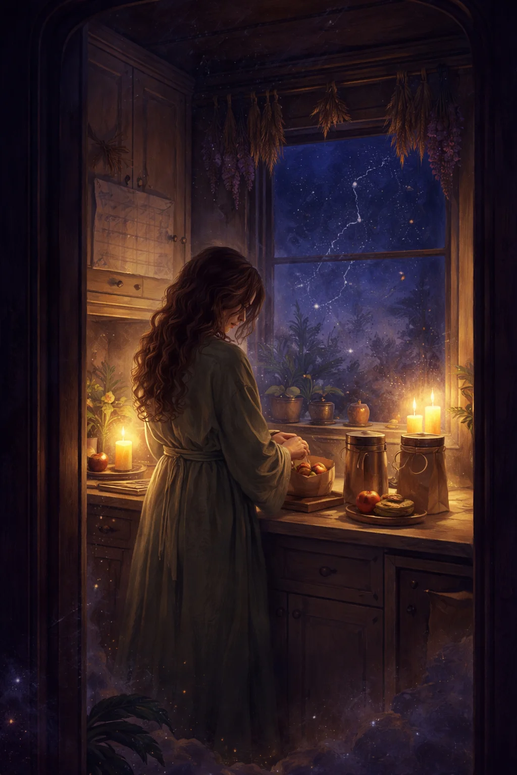 Virgo woman packing a second lunch beside her own in a pre-dawn kitchen, an appointment erased from the wall calendar