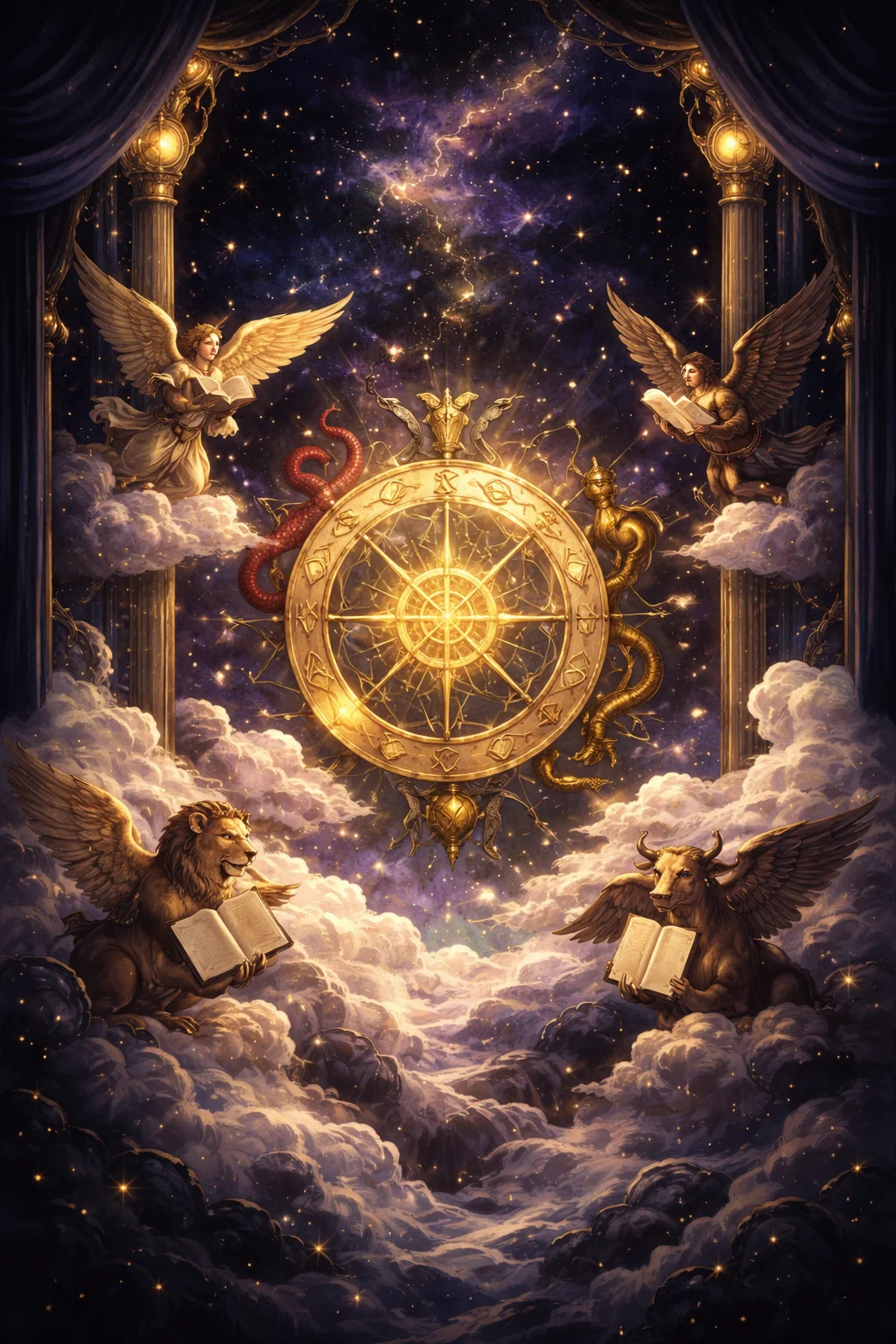 A cosmic scene showing a great glowing wheel turning among stars and nebulae, surrounded by four celestial creatures reading ancient scrolls, representing the Wheel of Fortune tarot card energy of destined change and karmic cycles